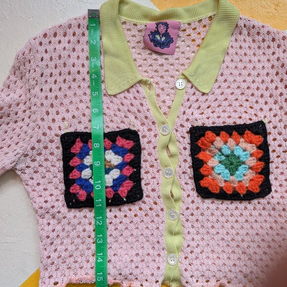 Upcycled Designer Long Sleeve Knit Granny Square Collared Crop Top Megan O'Cain - Picture 10 of 11